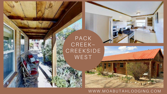 Collage of Pack Creek-Creekside West lodging: porch, kitchen, and rustic exterior with red roof