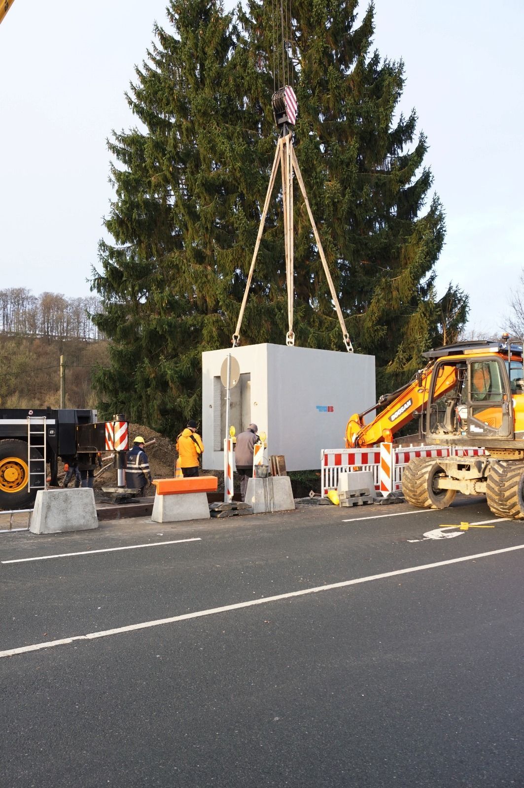 Ein Weihnachtsbaum wird von einem Kran am Straßenrand angehoben