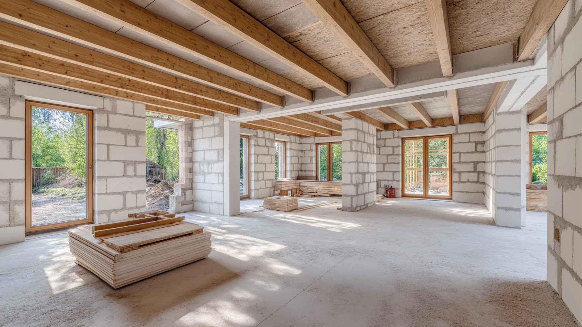 Interior de un edificio en construcción, mostrando paredes de bloques, vigas de madera y ventanas.