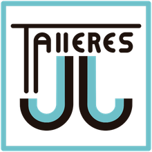 Logotipo redondo para taller de reparación de automóviles "Talleres JJ Reparauto", que presenta una calavera y pistones.