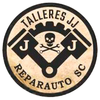 Logotipo redondo para taller de reparación de automóviles "Talleres JJ Reparauto", que presenta una calavera y pistones.