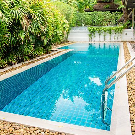 Una gran piscina rodeada de árboles y arbustos.