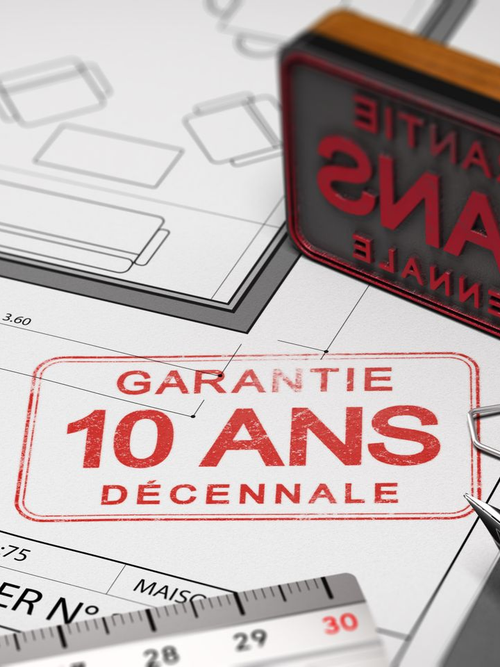 Tampon GARANTIE 10 ANS DÉCENNALE sur plan dessiné au crayon et à la règle.