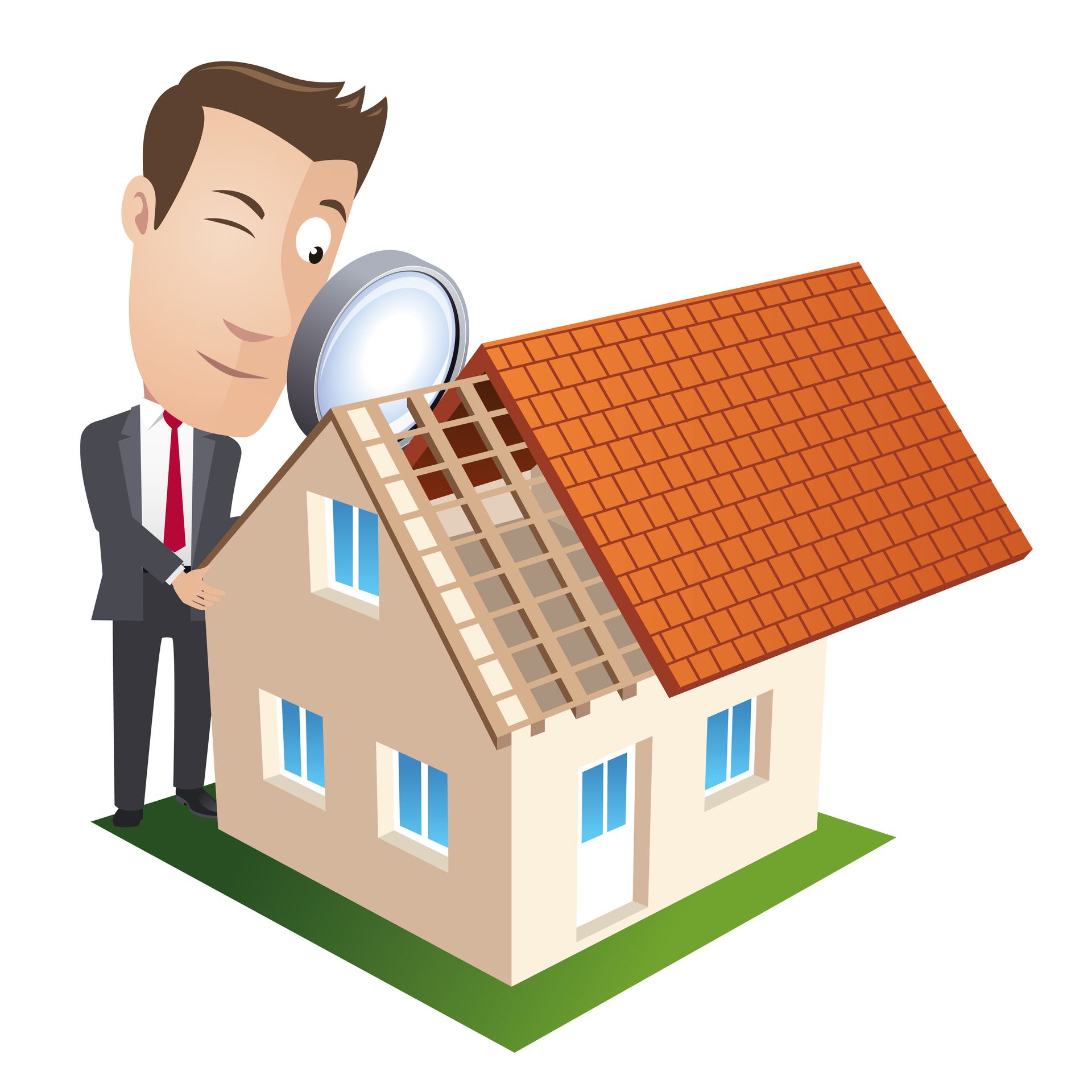 Un homme inspecte le toit d'une maison à l'aide d'une loupe. Un côté est terminé, l'autre est apparent.