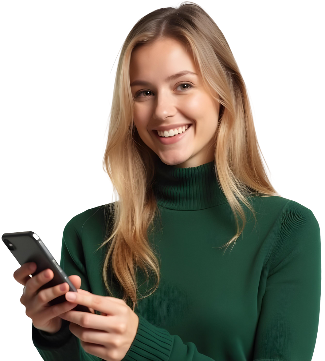 Une femme en col roulé vert sourit, tenant un smartphone.