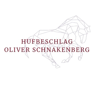 Geometrische Pferdeumrisse über dem Text: "Hufbeschlag Oliver Schnakenberg" in Kastanienbraun.