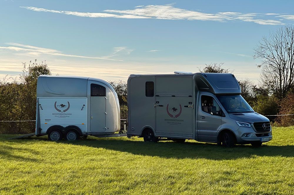 Ein silberner Pferdeanhänger war an einen silbernen Lieferwagen angehängt und stand auf einer Wiese.