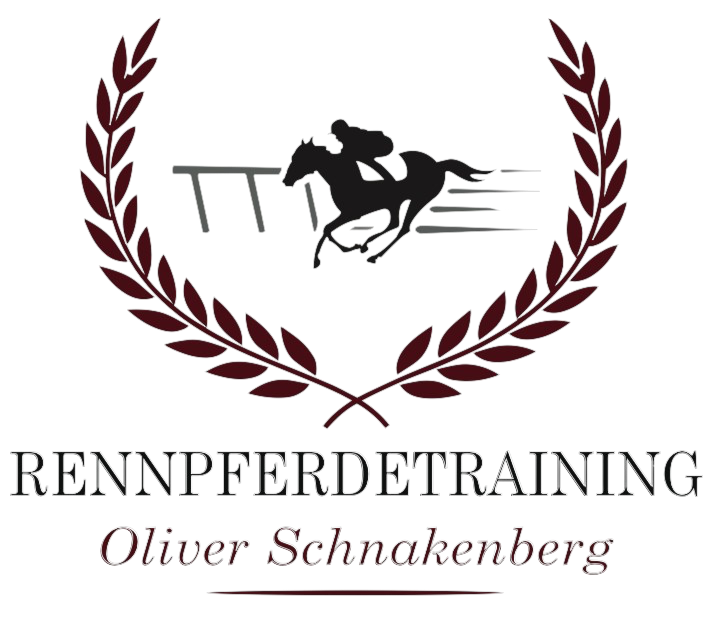 Logo des Pferderennsports: Silhouette eines Pferdes mit Jockey, der &uuml;ber ein Hindernis springt, umgeben von einem Lorbeerkranz.