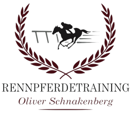 Logo des Pferderennsports: Silhouette eines Pferdes mit Jockey, der über ein Hindernis springt, umgeben von einem Lorbeerkranz.
