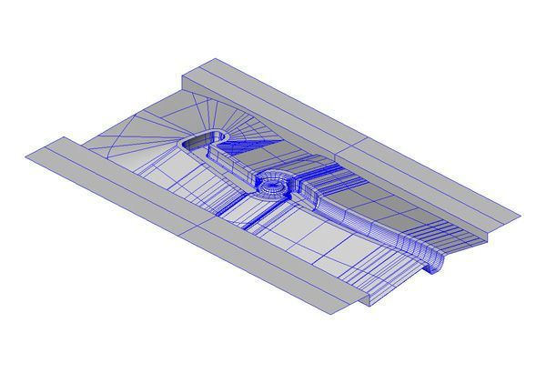 Ein 3D-Modell eines Gebäudes mit Treppen und einem Dach