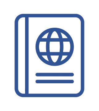 Un icono azul de un pasaporte con un globo terráqueo encima.