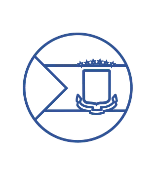 Un círculo azul con una bandera y un escudo de armas dentro.