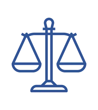 Un icono de escala de justicia azul sobre un fondo blanco.
