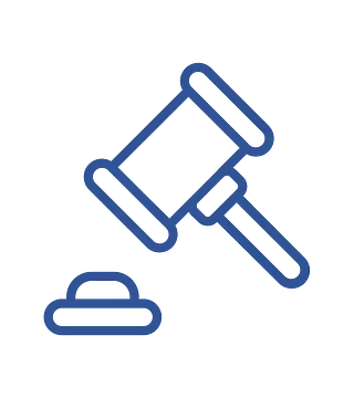 Un dibujo de línea azul del mazo de un juez y un trozo de papel.