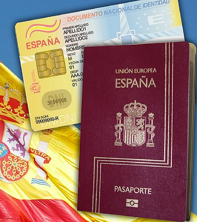 Un pasaporte español está al lado de una tarjeta de identificación española.