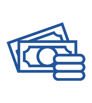 Un icono azul de una mano sosteniendo una pila de dinero.