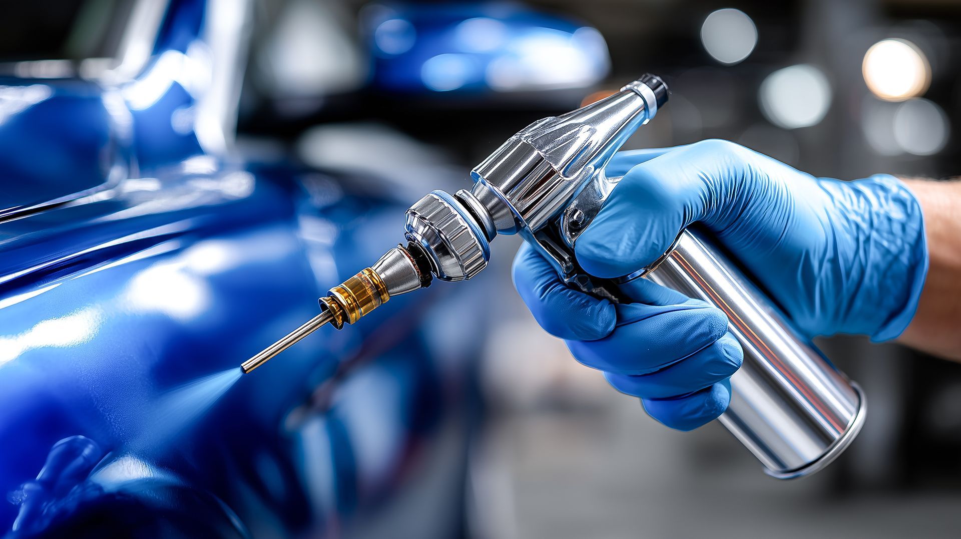 Un technicien portant des gants en nitrile bleus utilise un pistolet à air comprimé métallique.