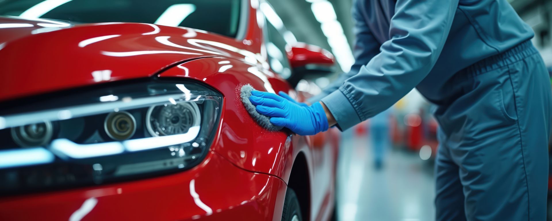 Dans un atelier lumineux, une personne portant des gants bleus polit l'aile d'une voiture rouge brillante.