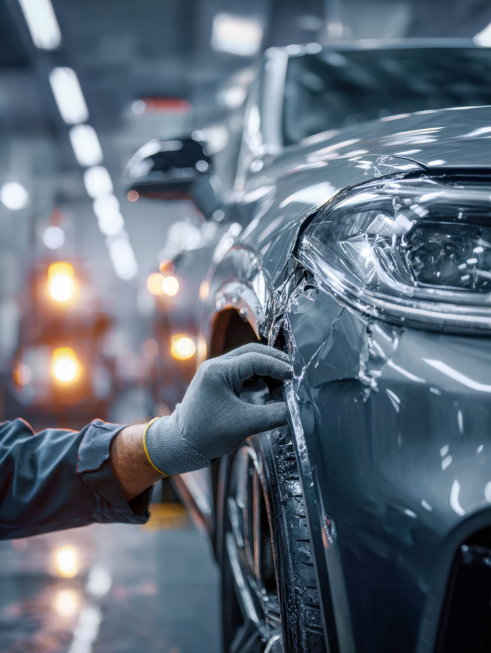 Dans une usine baignée de lumière, un technicien regarde la carrosserie abîmée d'une voiture.
