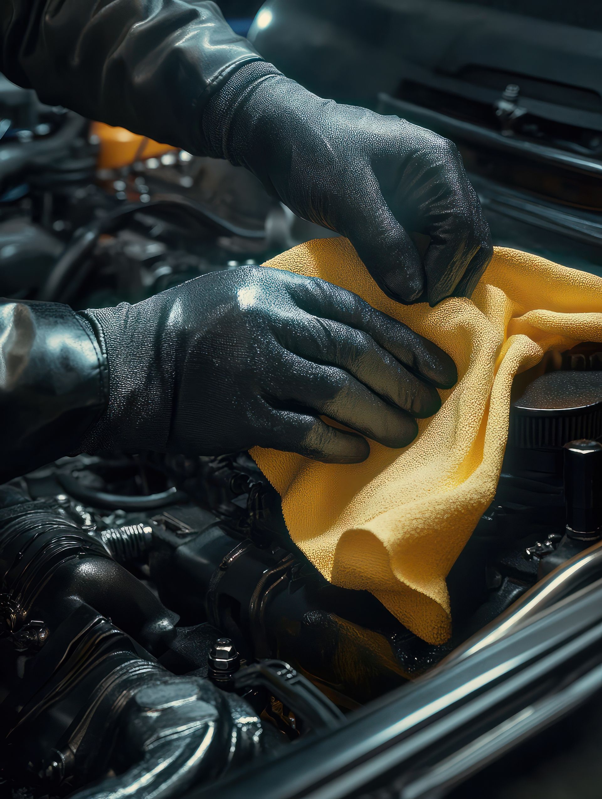 Un technicien portant des gants noirs texturés nettoie le moteur d'une voiture avec un chiffon jaune.