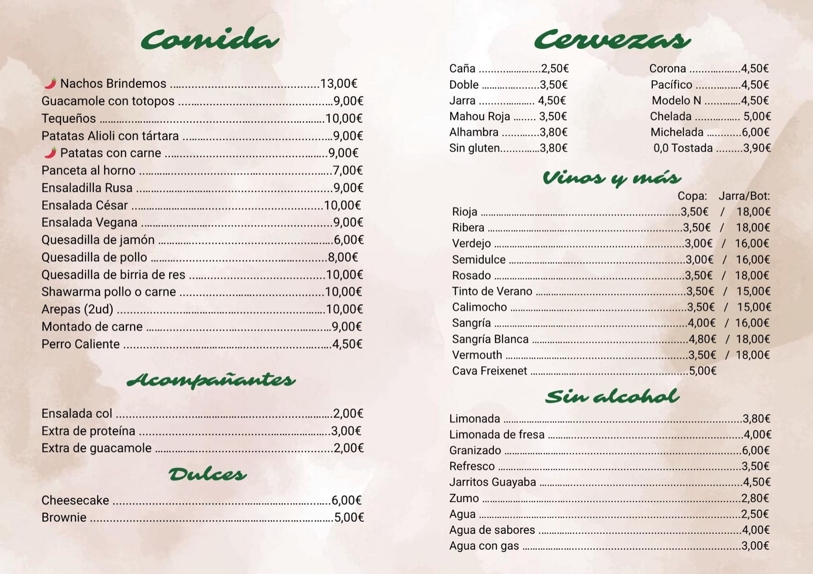 Menú con lista de comidas, cervezas, vinos y bebidas no alcohólicas con precios.