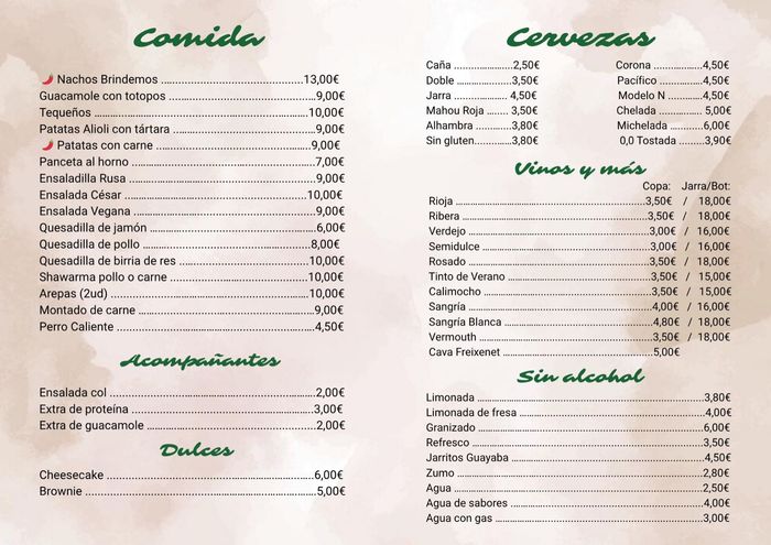 Menú con lista de comidas, cervezas, vinos y bebidas no alcohólicas con precios.