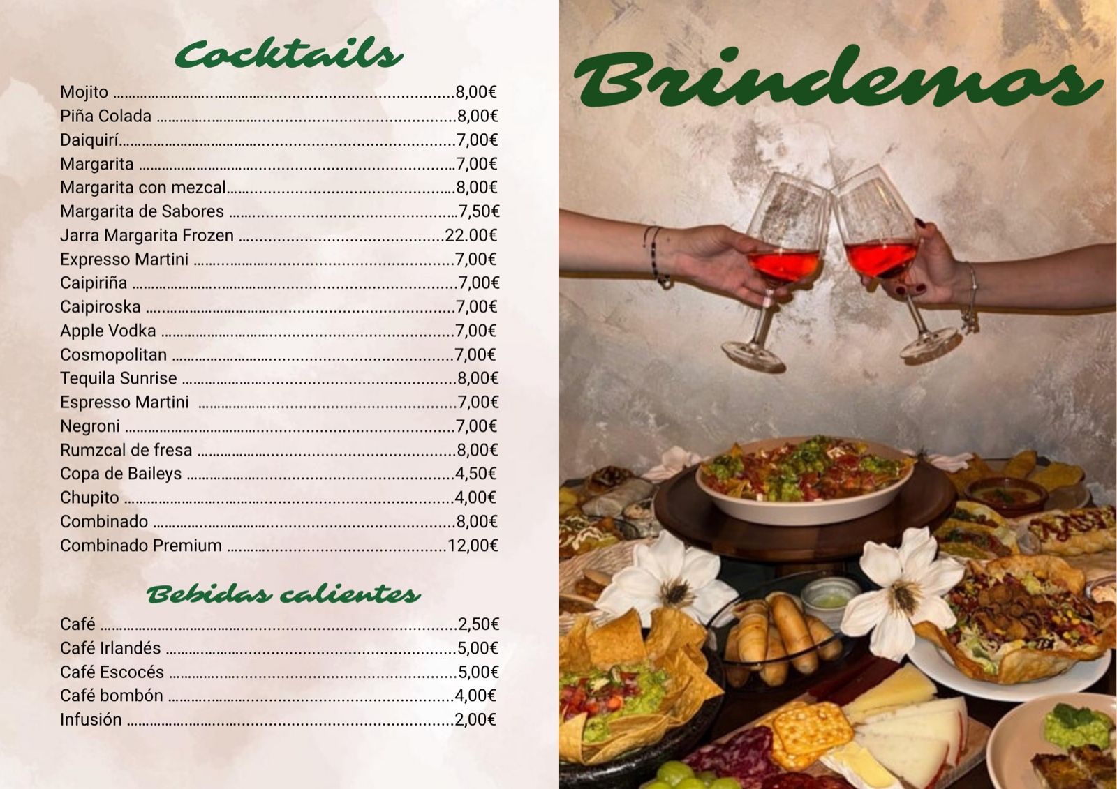 Menú con cócteles y bebidas calientes, además de gente brindando con copas de vino y una mesa de comida.