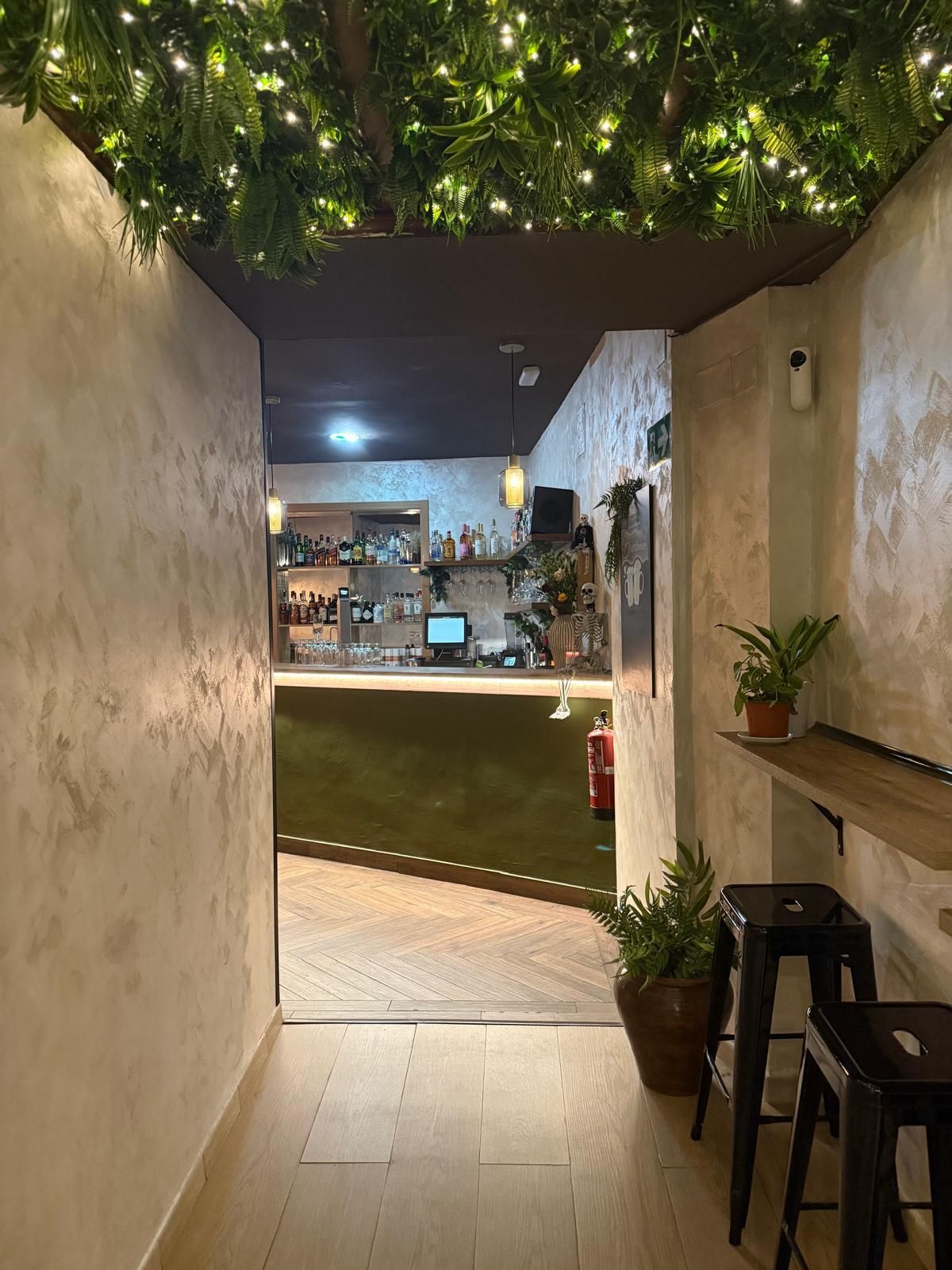 Entrada estrecha a un bar. El techo está decorado con vegetación artificial y luces. Al fondo se ve una barra con botellas.