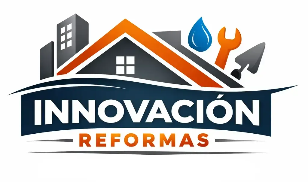 Logo de Innovación Reformas con casa gris, techo naranja y herramientas azules y naranjas.
