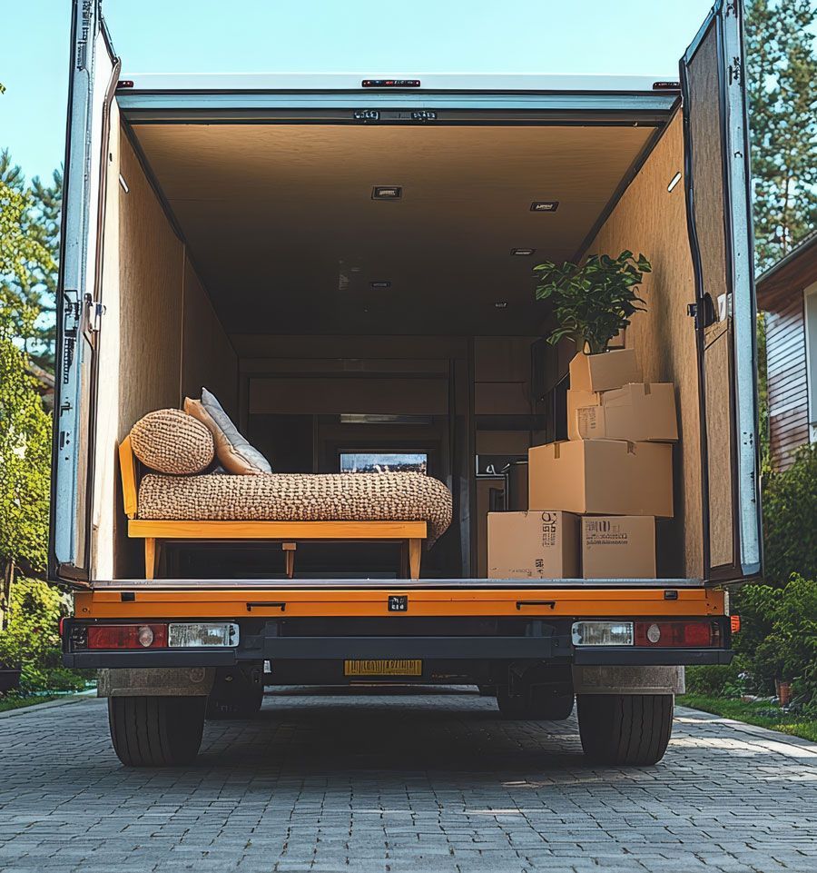 Camion de déménagement rempli de cartons et meubles