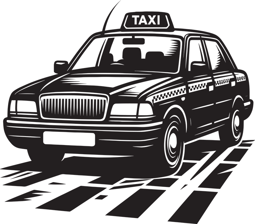 Une illustration de taxi en noir et blanc.