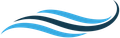 Eine blau-weiße Welle auf weißem Hintergrund.