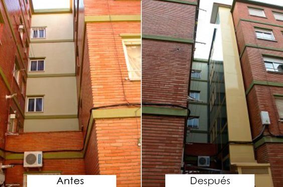 Una foto de antes y después de un edificio de ladrillos.