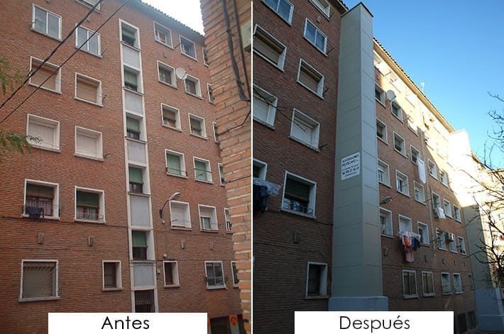Una foto de antes y después de un edificio de ladrillo.