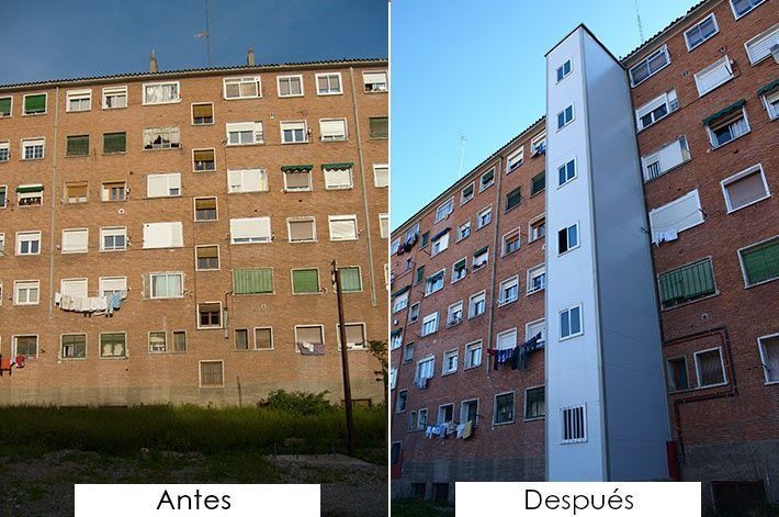 Una foto de antes y después de un edificio de ladrillo.