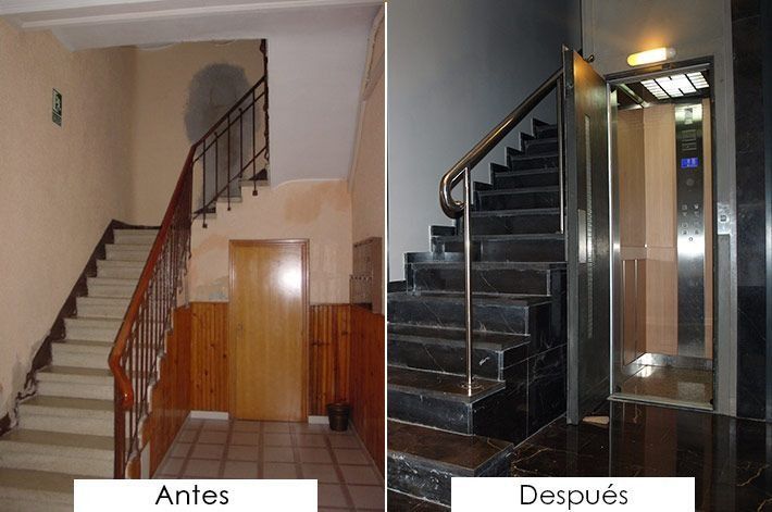 Una foto de antes y después de una escalera y un ascensor.