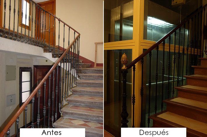 Una foto de antes y después de una escalera en un edificio.