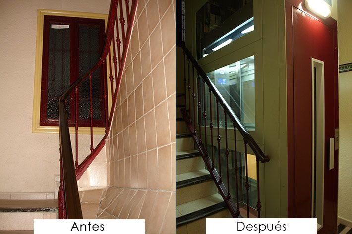 Una foto de antes y después de una escalera en un edificio.