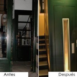 Una foto de antes y después de un ascensor y escaleras.