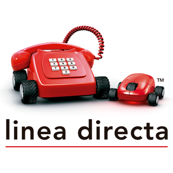 Un logotipo de linea directa con un teléfono rojo con ruedas