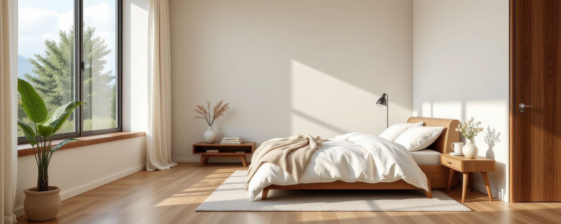 Chambre avec grande fenêtre, cadre de lit en bois et lumière naturelle.
