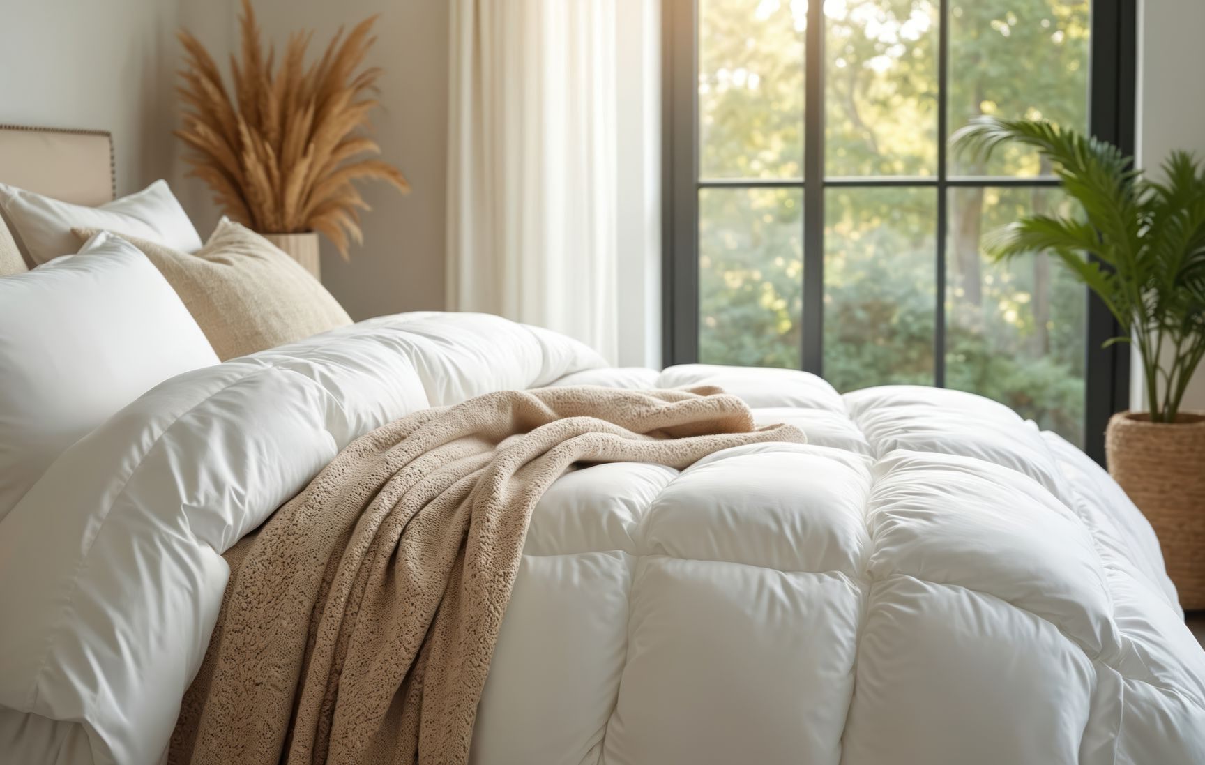 Une couette blanche sur un lit avec une couverture beige, des oreillers et des plantes en pot près d'une fenêtre.