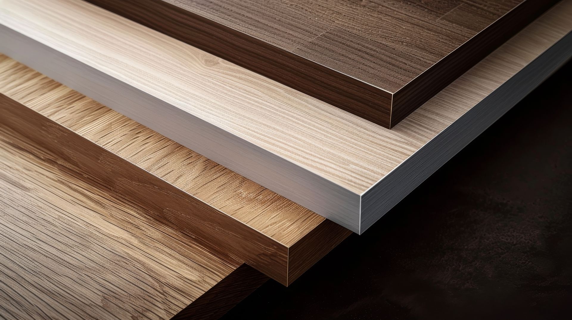 Gros plan sur des échantillons de bois empilés dans différentes nuances de brun et de beige, avec des motifs de grain visibles.