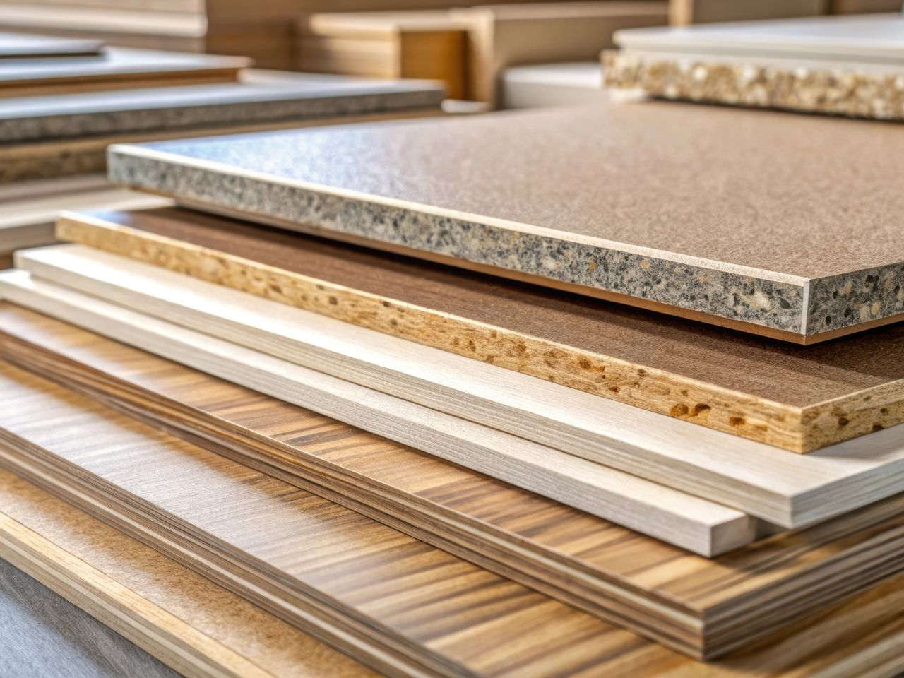 Échantillons de bois assortis, présentant différentes textures et finitions, empilés ensemble à des fins de comparaison.