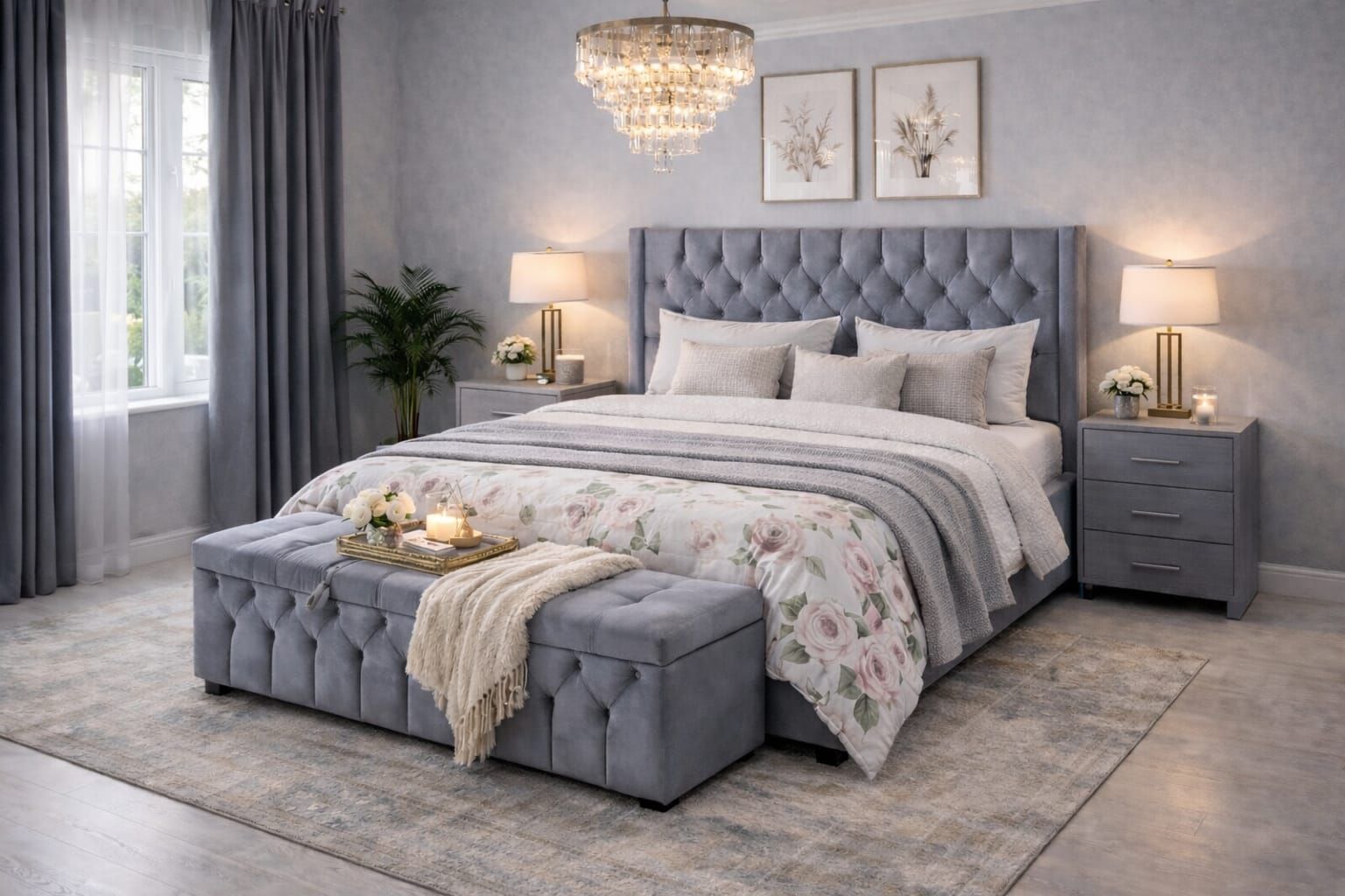 Lit en bois et table de chevet avec lampe, vase et draps blancs.