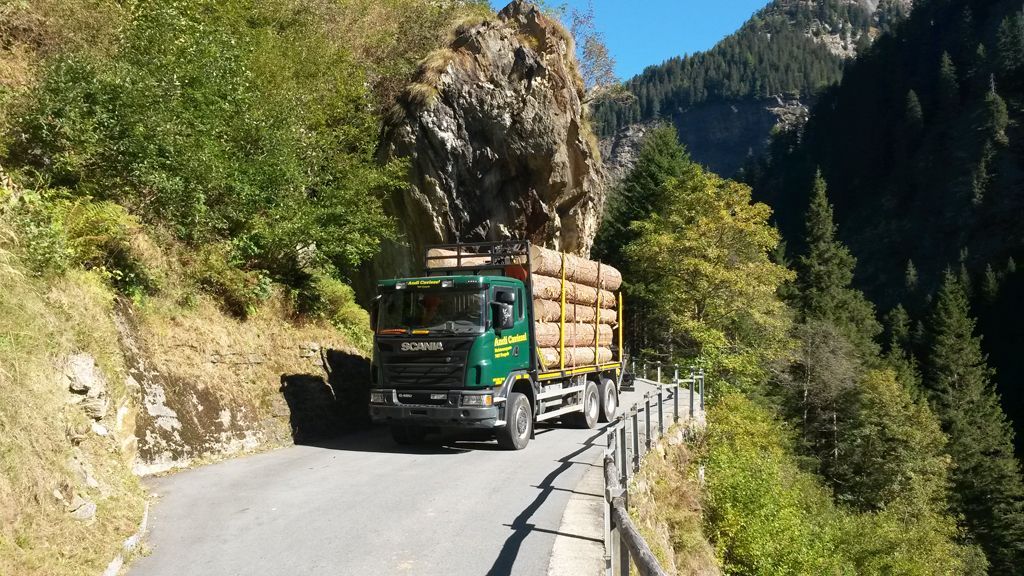 LKW in Strasse im Gebirge – Andi Caviezel Holztransporte