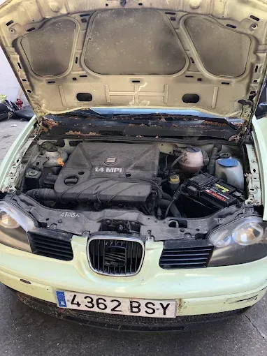 Coche con el capó abierto, el compartimento del motor al descubierto, aparcado al aire libre 
