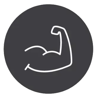 Un dibujo lineal de un brazo musculoso en un círculo.