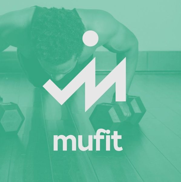 Un logotipo de Mufit muestra a un hombre levantando una mancuerna.