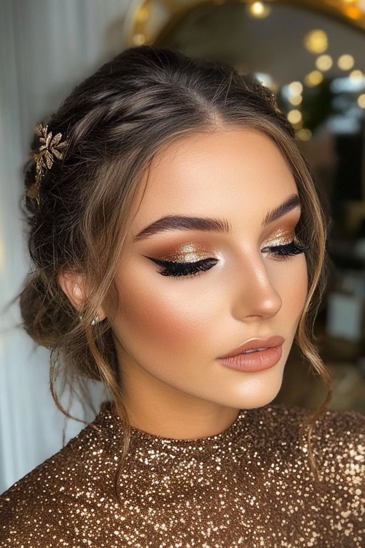 Mujer con maquillaje glamoroso y peinado recogido, luciendo lentejuelas doradas.